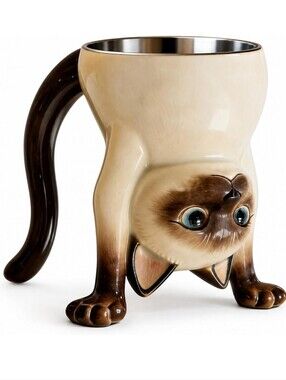 NIB Siamese Cat Mug Elevated Water Dish Kitsch Vintage Style Stainless Steel